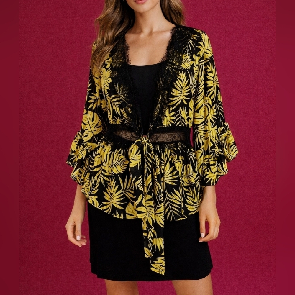 CATO Tropical Palm Leaves Chiffon Lace Tie Cover-up Tiki Top